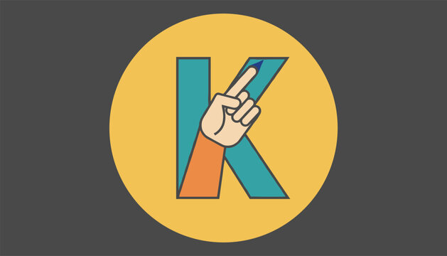 Stylized hand points toward the upper part of a large teal letter K set against a circular yellow background on a dark gray field.