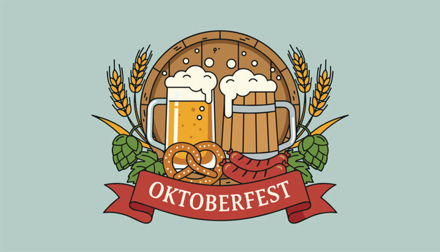 Traditional Oktoberfest emblem features beer mugs, a large wooden barrel, pretzels, sausages, wheat stalks, and green hops on a light blue field.