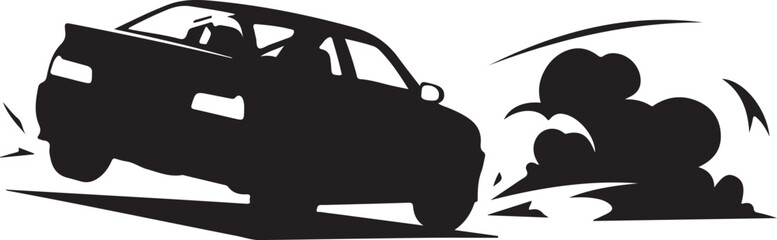 Black silhouette of a sports car drifting fast with smoke on the road © MD