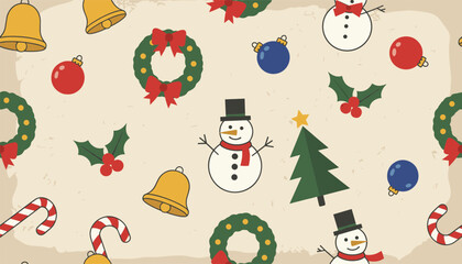 Fototapeta premium Cheerful Christmas pattern includes snowmen, wreaths, trees, bells, and ornaments on a textured beige background for a festive holiday mood.