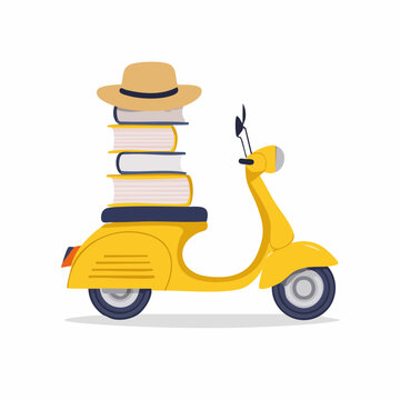 Yellow Scooter Carrying Stack of Books and Hat