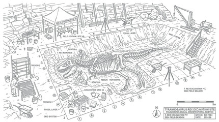 Fototapeta premium Paleontological dig site featuring a tyrannosaurus rex fossil