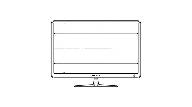 Flat screen computer monitor technical drawing with dimension lines