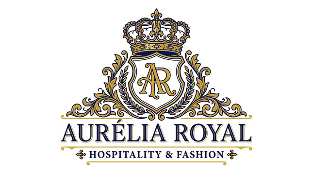 Royal heraldic logo design with golden crown and shield emblem