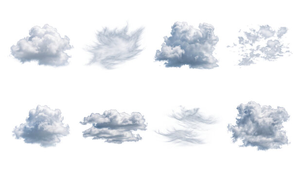 Realistic white clouds set on white background, fluffy cumulus and wispy cloud collection, 8 high resolution sky elements for photo compositing