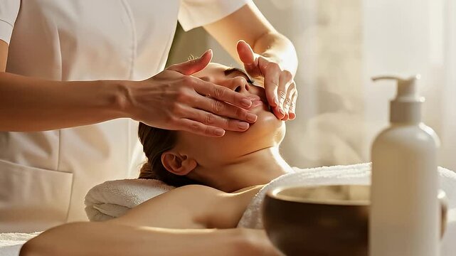 Relaxing Facial Massage with Gentle Hand Movements in a Serene Spa Environment for Ultimate Wellness Experience
