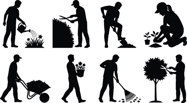 Black silhouettes of people gardening and landscaping gardeners