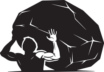Strong man pushing a heavy rock boulder illustration in black and white style © MD