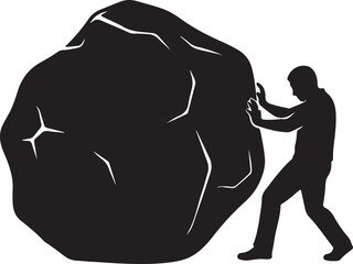 Man silhouette pushing a heavy rock boulder uphill as a concept of hard work © MD