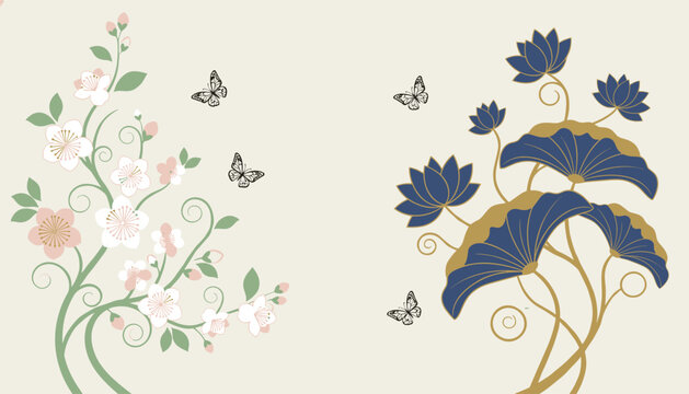 Asian inspired floral illustration with delicate pink blossoms and dark blue lotus flowers with golden accents and butterflies.