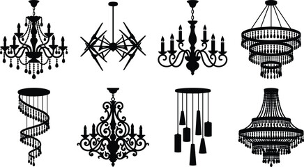 Naklejka premium Black silhouettes of various chandeliers and light fixtures decorative lighting