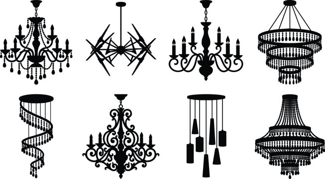 Black silhouettes of various chandeliers and light fixtures decorative lighting