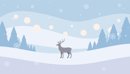Fototapeta premium Serene winter landscape with a deer standing on a snow covered hill surrounded by blue pine trees and falling snowflakes.