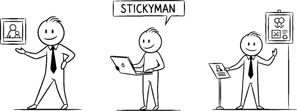 Stick figure characters in business and technology roles.