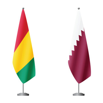 Guinea and Qatar flags on flagpoles for official ceremonies and meetings, transparent background vector