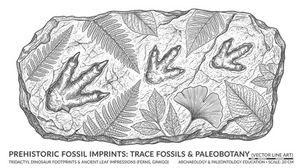 Dinosaur footprints and ancient leaf fossils on stone slab © melia