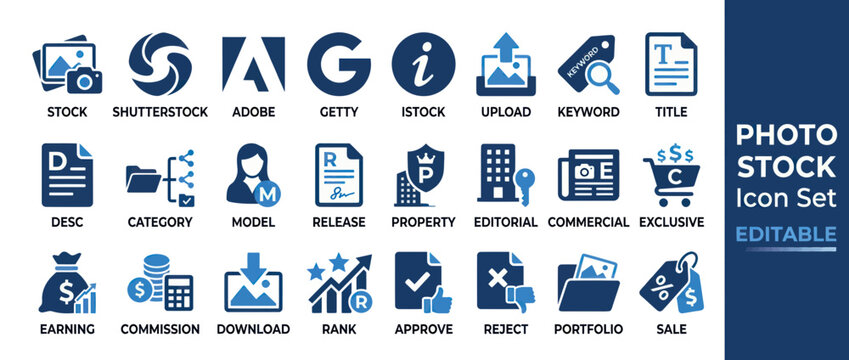 Microstock photography agency contributor icon set