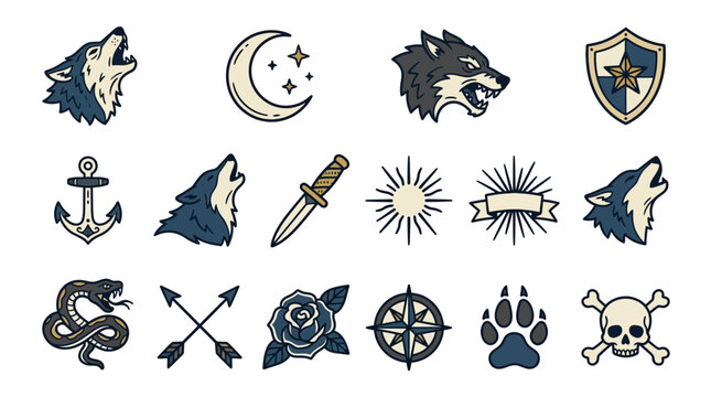 Traditional tattoo style icons with wolves and mystic symbols