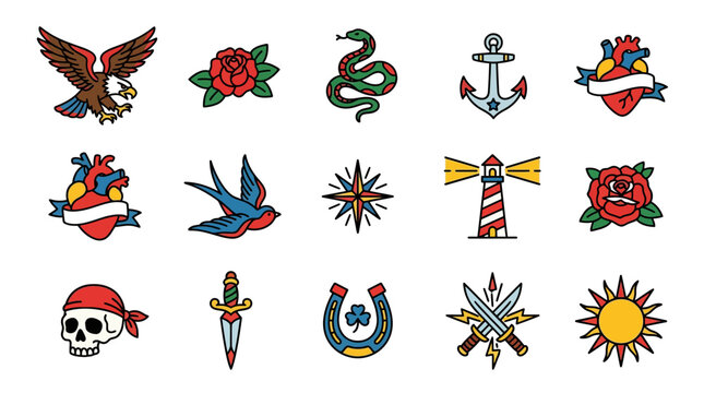 Classic American traditional tattoo flash sheet mixed elements.
