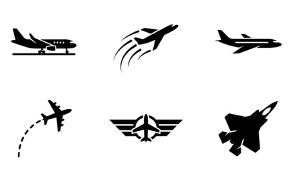 Fototapeta premium Airplane and aviation vector icons set isolated on white background flat air travel illustration pilot wings badge fighter jet design