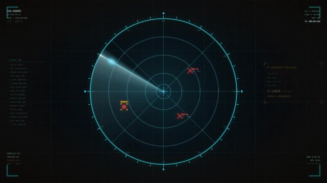 Advanced military combat radar hud tracking enemy missile targets with lock on sequence.