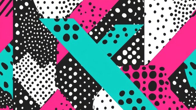 Abstract geometric pattern with polka dots and neon colors for backgrounds, vibrant abstract geometric texture with polka dots and bright neon colors.