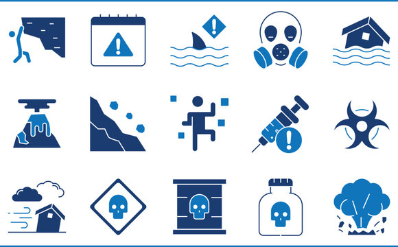 A set of icons related to Hazards. Natural, flood, disaster, chemical, accident, sign, toxic, and so on.