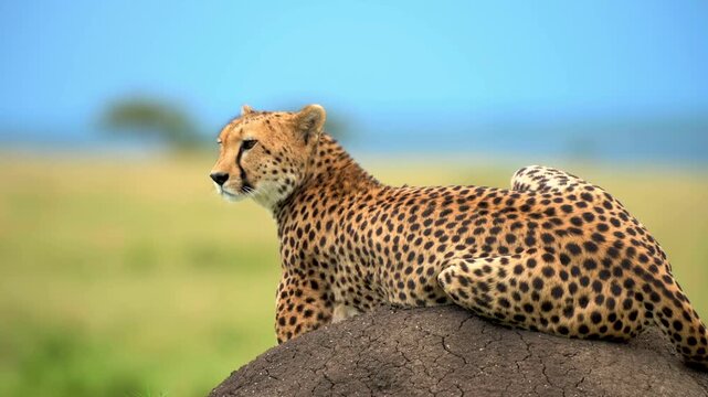 Cheetah resting on rock surveying savanna landscape motion footage.