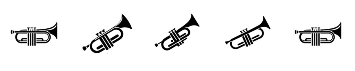 Trumpet icon set. Collection of musical brass instrument black silhouette icons isolated on white background. Jazz, orchestra and classical music vector illustration. © Sromben