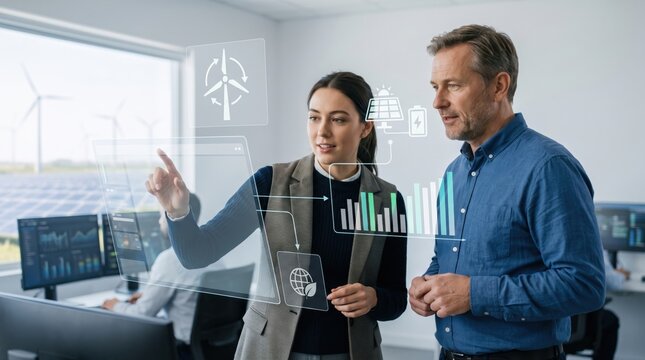 Renewable energy analysts review solar wind data with holographic charts in modern control room, sustainable tech innovation for green power grid management and climate solutions
