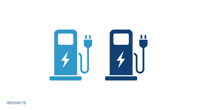 Electric vehicle charging station icons, EV charger symbols with lightning bolt display, plugged power cord, battery charging interface, clean vector illustration and design for mobile apps, websites 