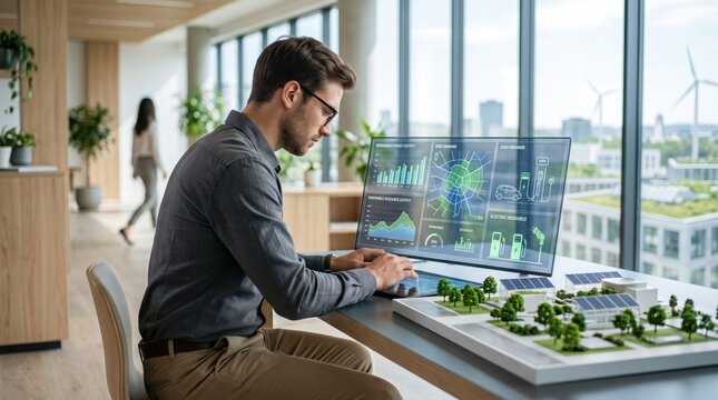 Architect designing sustainable smart city model with renewable energy data charts on screen, green urban planning, eco-friendly architecture concept.