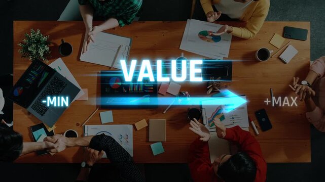 A dynamic business meeting showcasing professionals collaborating on value maximization strategies, featuring data presentations, discussions, and a high-tech office setup. Raster