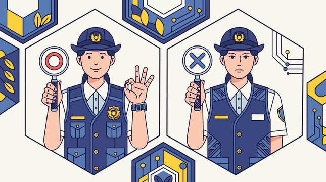 female police officers holding maru and batsu signs symbolizing approval and disapproval in security and compliance decision-making.