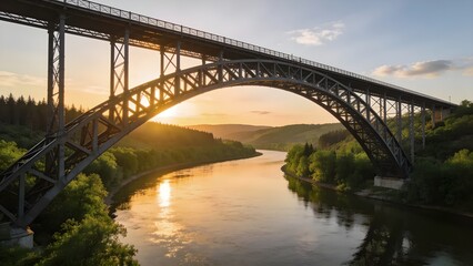 Naklejka premium Modern Steel Arch Bridge Crossing Peaceful River at Golden Sunset Surrounded by Lush Forest Landscape