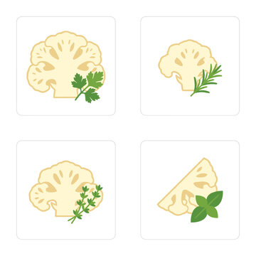 Four square panels showing cauliflower florets with fresh herbs like parsley, rosemary, thyme, and mint, pixel art style