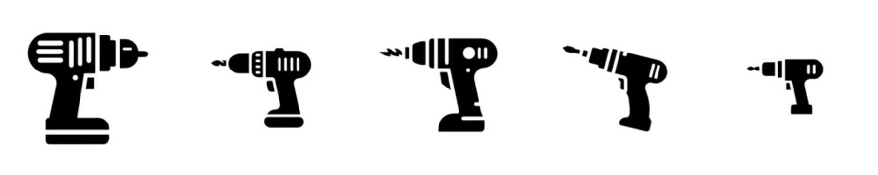 Electric drill icon set. Collection of cordless power drill black silhouette icons isolated on white background. Construction, carpentry and repair work tool vector illustration.