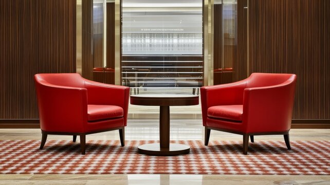Modern interior design featuring two vibrant red armchairs and small round coffee table in luxury lobby hallway.