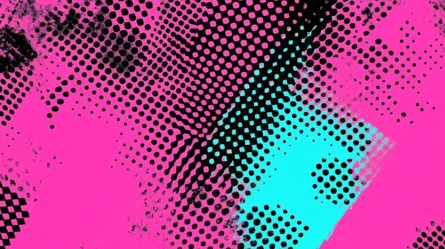 Abstract halftone grunge texture background with vibrant pink and cyan geometric pattern art design for creative projects.