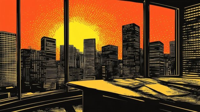 Stunning urban skyline view from office window during vibrant golden hour sunset concept art.