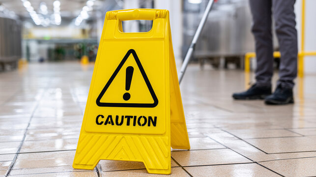 Yellow plastic caution sign standing on wet floor inside industrial warehouse
