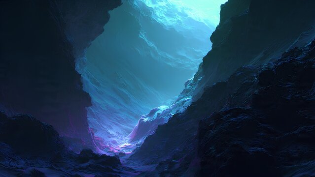 Ethereal blue and purple light illuminating a deep, mysterious underwater cave or chasm with rugged rock formations.