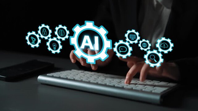 Modern Digital Illustration of AI Concept with Gears and Computer Keyboard in a Dark Workspace Environment. Entropy.