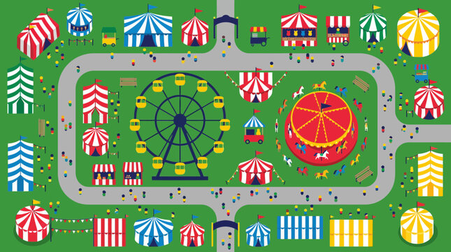 Top-down map illustration of an amusement park layout.