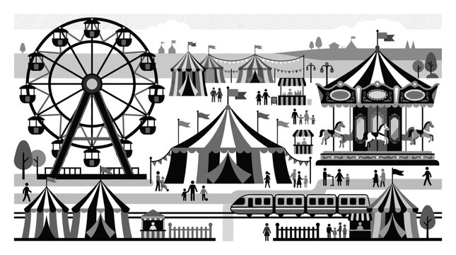 Monochrome vintage style amusement park and carnival landscape.