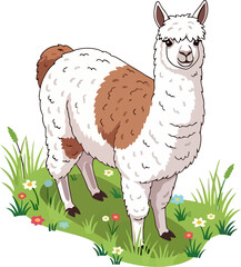 Naklejka premium Fluffy white and brown llama standing on a grassy patch with small flowers
