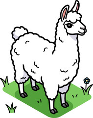 Naklejka premium Fluffy white llama standing on a green grass patch vector cartoon illustration