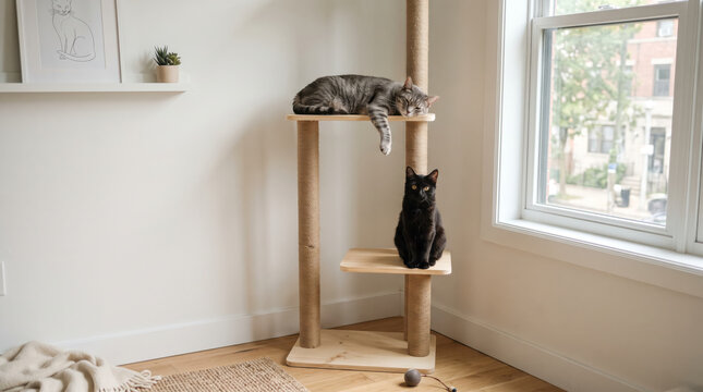 Two domestic cats resting on a wooden cat tree tower near a window in a bright modern apartment, feline enrichment and minimalist home interior design