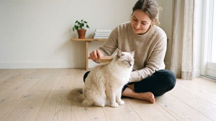 Young woman grooming her white longhair cat with a brush on the floor, pet care routine for healthy fur and reducing shedding at home