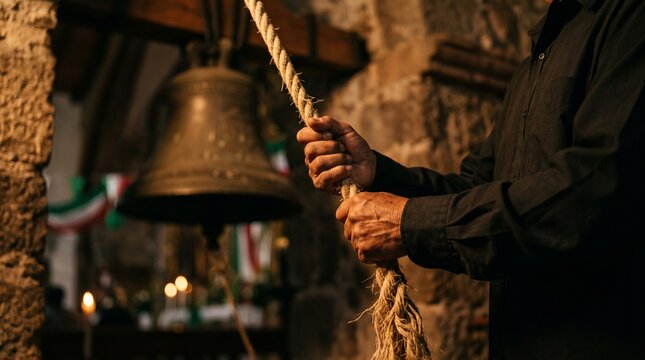 Man hand pulling thick rope to ring historic church bell for Mexico independence day grito de dolores tribute